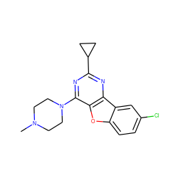 CN1CCN(c2nc(C3CC3)nc3c2oc2ccc(Cl)cc23)CC1 ZINC000034634598