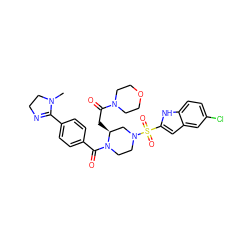 CN1CCN=C1c1ccc(C(=O)N2CCN(S(=O)(=O)c3cc4cc(Cl)ccc4[nH]3)C[C@@H]2CC(=O)N2CCOCC2)cc1 ZINC000026181163