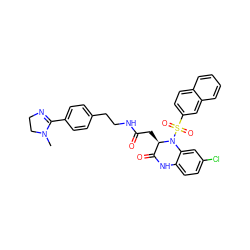 CN1CCN=C1c1ccc(CCNC(=O)C[C@@H]2C(=O)Nc3ccc(Cl)cc3N2S(=O)(=O)c2ccc3ccccc3c2)cc1 ZINC000028456213