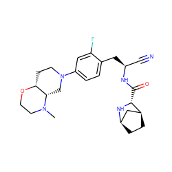 CN1CCO[C@@H]2CCN(c3ccc(C[C@@H](C#N)NC(=O)[C@H]4N[C@@H]5CC[C@H]4C5)c(F)c3)C[C@@H]21 ZINC000219303107