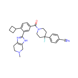 CN1CCc2nc(-c3cc(C(=O)N4CCC(F)(c5ccc(C#N)cc5)CC4)ccc3C3CCC3)[nH]c2C1 ZINC000150162244