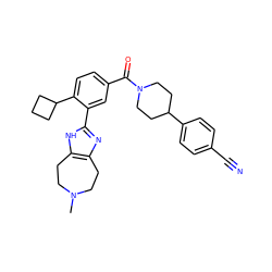 CN1CCc2nc(-c3cc(C(=O)N4CCC(c5ccc(C#N)cc5)CC4)ccc3C3CCC3)[nH]c2CC1 ZINC000150304218