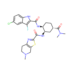 CN1CCc2nc(C(=O)N[C@@H]3C[C@@H](C(=O)N(C)C)CC[C@@H]3NC(=O)c3[nH]c4ccc(Cl)cc4c3F)sc2C1 ZINC000049757477