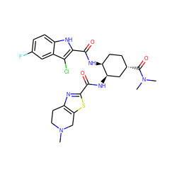 CN1CCc2nc(C(=O)N[C@@H]3C[C@@H](C(=O)N(C)C)CC[C@@H]3NC(=O)c3[nH]c4ccc(F)cc4c3Cl)sc2C1 ZINC000049771256