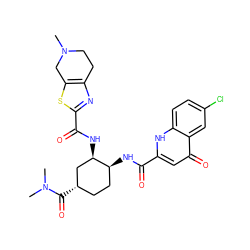 CN1CCc2nc(C(=O)N[C@@H]3C[C@@H](C(=O)N(C)C)CC[C@@H]3NC(=O)c3cc(=O)c4cc(Cl)ccc4[nH]3)sc2C1 ZINC000049762041