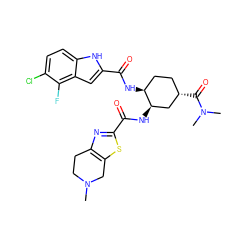 CN1CCc2nc(C(=O)N[C@@H]3C[C@@H](C(=O)N(C)C)CC[C@@H]3NC(=O)c3cc4c(F)c(Cl)ccc4[nH]3)sc2C1 ZINC000049767054