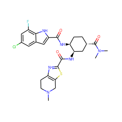 CN1CCc2nc(C(=O)N[C@@H]3C[C@@H](C(=O)N(C)C)CC[C@@H]3NC(=O)c3cc4cc(Cl)cc(F)c4[nH]3)sc2C1 ZINC000049766888