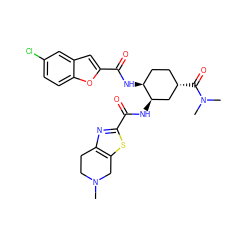 CN1CCc2nc(C(=O)N[C@@H]3C[C@@H](C(=O)N(C)C)CC[C@@H]3NC(=O)c3cc4cc(Cl)ccc4o3)sc2C1 ZINC000049756427