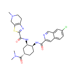 CN1CCc2nc(C(=O)N[C@@H]3C[C@@H](C(=O)N(C)C)CC[C@@H]3NC(=O)c3cc4ccc(Cl)cc4cn3)sc2C1 ZINC000049767610