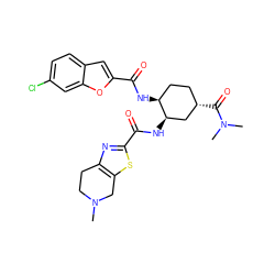 CN1CCc2nc(C(=O)N[C@@H]3C[C@@H](C(=O)N(C)C)CC[C@@H]3NC(=O)c3cc4ccc(Cl)cc4o3)sc2C1 ZINC000049767136