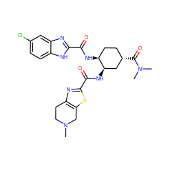 CN1CCc2nc(C(=O)N[C@@H]3C[C@@H](C(=O)N(C)C)CC[C@@H]3NC(=O)c3nc4cc(Cl)ccc4[nH]3)sc2C1 ZINC000049757276