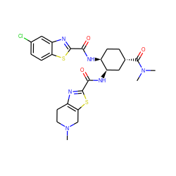 CN1CCc2nc(C(=O)N[C@@H]3C[C@@H](C(=O)N(C)C)CC[C@@H]3NC(=O)c3nc4cc(Cl)ccc4s3)sc2C1 ZINC000049757228