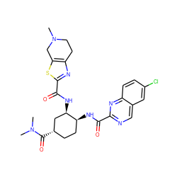 CN1CCc2nc(C(=O)N[C@@H]3C[C@@H](C(=O)N(C)C)CC[C@@H]3NC(=O)c3ncc4cc(Cl)ccc4n3)sc2C1 ZINC000049757364