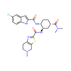 CN1CCc2nc(C(=O)N[C@@H]3C[C@@H](C(=O)N(C)C)CC[C@H]3NC(=O)c3cc4cc(Cl)ccc4[nH]3)sc2C1 ZINC000042876345