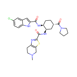 CN1CCc2nc(C(=O)N[C@@H]3C[C@@H](C(=O)N4CCCC4)CC[C@@H]3NC(=O)c3cc4cc(Cl)ccc4[nH]3)sc2C1 ZINC000042875549