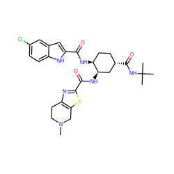 CN1CCc2nc(C(=O)N[C@@H]3C[C@@H](C(=O)NC(C)(C)C)CC[C@@H]3NC(=O)c3cc4cc(Cl)ccc4[nH]3)sc2C1 ZINC000044430411