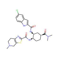 CN1CCc2nc(C(=O)N[C@@H]3CC[C@H](C(=O)N(C)C)C[C@@H]3NC(=O)c3cc4cc(Cl)ccc4[nH]3)sc2C1 ZINC000042807036