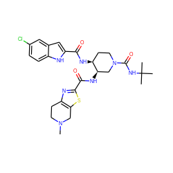 CN1CCc2nc(C(=O)N[C@@H]3CN(C(=O)NC(C)(C)C)CC[C@@H]3NC(=O)c3cc4cc(Cl)ccc4[nH]3)sc2C1 ZINC000029128700