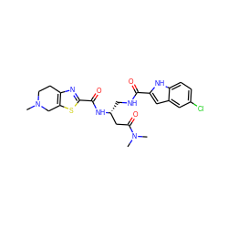 CN1CCc2nc(C(=O)N[C@H](CNC(=O)c3cc4cc(Cl)ccc4[nH]3)CC(=O)N(C)C)sc2C1 ZINC000071317700