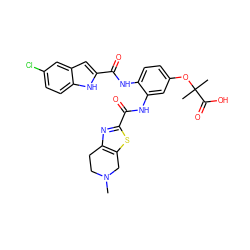 CN1CCc2nc(C(=O)Nc3cc(OC(C)(C)C(=O)O)ccc3NC(=O)c3cc4cc(Cl)ccc4[nH]3)sc2C1 ZINC000071329914