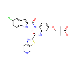 CN1CCc2nc(C(=O)Nc3cc(OCC(C)(C)C(=O)O)ccc3NC(=O)c3cc4cc(Cl)ccc4[nH]3)sc2C1 ZINC000071329599