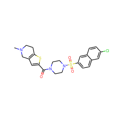 CN1CCc2sc(C(=O)N3CCN(S(=O)(=O)c4ccc5cc(Cl)ccc5c4)CC3)cc2C1 ZINC000013584072