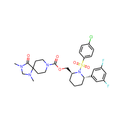 CN1CN(C)C2(CCN(C(=O)OC[C@@H]3CCC[C@@H](c4cc(F)cc(F)c4)N3S(=O)(=O)c3ccc(Cl)cc3)CC2)C1=O ZINC000028879047