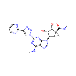 CNC(=O)[C@@]12C[C@@H]1[C@@H](n1cnc3c(NC)nc(-n4cc(-c5ncccn5)nn4)nc31)[C@H](O)[C@@H]2O ZINC000653793648