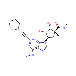 CNC(=O)[C@@]12C[C@@H]1[C@@H](n1cnc3c(NC)nc(C#CC4CCCCC4)nc31)[C@H](O)[C@@H]2O ZINC000299857143