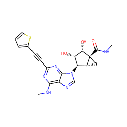 CNC(=O)[C@@]12C[C@@H]1[C@@H](n1cnc3c(NC)nc(C#Cc4cccs4)nc31)[C@H](O)[C@@H]2O ZINC000299861038