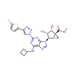 CNC(=O)[C@@]12C[C@@H]1[C@@H](n1cnc3c(NC4CCC4)nc(-n4cc(-c5ccc(Cl)s5)nn4)nc31)[C@H](O)[C@@H]2O ZINC000653806251