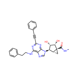 CNC(=O)[C@@]12C[C@@H]1[C@@H](n1cnc3c(NCCc4ccccc4)nc(C#Cc4ccccc4)nc31)[C@H](O)[C@@H]2O ZINC000096273095