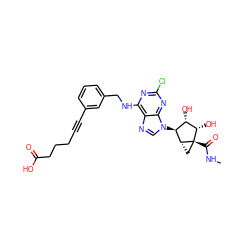 CNC(=O)[C@@]12C[C@@H]1[C@@H](n1cnc3c(NCc4cccc(C#CCCCC(=O)O)c4)nc(Cl)nc31)[C@H](O)[C@@H]2O ZINC000029044849