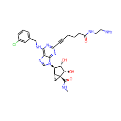 CNC(=O)[C@@]12C[C@@H]1[C@@H](n1cnc3c(NCc4cccc(Cl)c4)nc(C#CCCCC(=O)NCCN)nc31)[C@H](O)[C@@H]2O ZINC000029044855