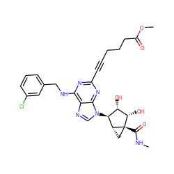 CNC(=O)[C@@]12C[C@@H]1[C@@H](n1cnc3c(NCc4cccc(Cl)c4)nc(C#CCCCC(=O)OC)nc31)[C@H](O)[C@@H]2O ZINC000029045008