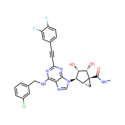 CNC(=O)[C@@]12C[C@@H]1[C@@H](n1cnc3c(NCc4cccc(Cl)c4)nc(C#Cc4ccc(F)c(F)c4)nc31)[C@H](O)[C@@H]2O ZINC000084670646