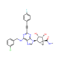 CNC(=O)[C@@]12C[C@@H]1[C@@H](n1cnc3c(NCc4cccc(Cl)c4)nc(C#Cc4ccc(F)cc4)nc31)[C@H](O)[C@@H]2O ZINC000084668587