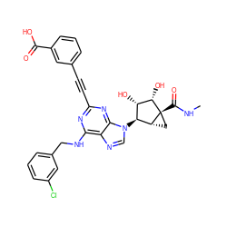 CNC(=O)[C@@]12C[C@@H]1[C@@H](n1cnc3c(NCc4cccc(Cl)c4)nc(C#Cc4cccc(C(=O)O)c4)nc31)[C@H](O)[C@@H]2O ZINC000084670649