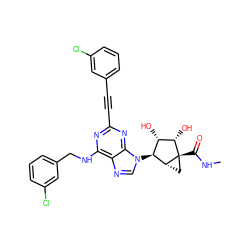 CNC(=O)[C@@]12C[C@@H]1[C@@H](n1cnc3c(NCc4cccc(Cl)c4)nc(C#Cc4cccc(Cl)c4)nc31)[C@H](O)[C@@H]2O ZINC000084670352