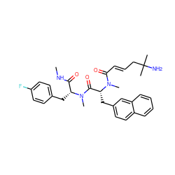 CNC(=O)[C@@H](Cc1ccc(F)cc1)N(C)C(=O)[C@@H](Cc1ccc2ccccc2c1)N(C)C(=O)/C=C/CC(C)(C)N ZINC000003982059
