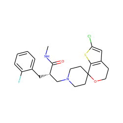 CNC(=O)[C@@H](Cc1ccccc1F)CN1CCC2(CC1)OCCc1cc(Cl)sc12 ZINC000084731599