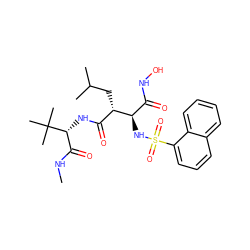 CNC(=O)[C@@H](NC(=O)[C@H](CC(C)C)[C@H](NS(=O)(=O)c1cccc2ccccc12)C(=O)NO)C(C)(C)C ZINC000013802360