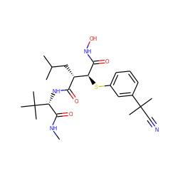 CNC(=O)[C@@H](NC(=O)[C@H](CC(C)C)[C@H](Sc1cccc(C(C)(C)C#N)c1)C(=O)NO)C(C)(C)C ZINC000013802340