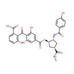 CNC(=O)[C@@H]1C[C@@H](NC(=O)c2ccc(O)cc2)[C@H](OC(=O)c2cc(O)c(C(=O)c3c(O)cccc3C(=O)O)c(O)c2)C1 ZINC000026396694