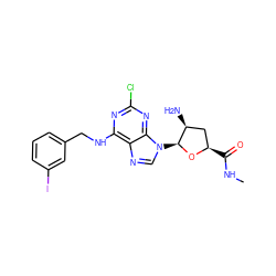 CNC(=O)[C@@H]1C[C@H](N)[C@H](n2cnc3c(NCc4cccc(I)c4)nc(Cl)nc32)O1 ZINC000012405876