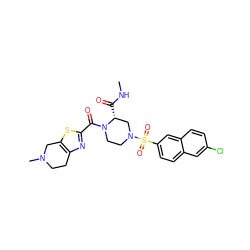 CNC(=O)[C@@H]1CN(S(=O)(=O)c2ccc3cc(Cl)ccc3c2)CCN1C(=O)c1nc2c(s1)CN(C)CC2 ZINC000026739311