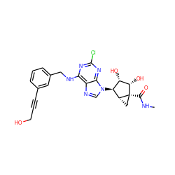 CNC(=O)[C@]12C[C@@H]1[C@@H](n1cnc3c(NCc4cccc(C#CCO)c4)nc(Cl)nc31)[C@H](O)[C@@H]2O ZINC000101034291