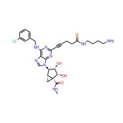 CNC(=O)[C@]12C[C@@H]1[C@@H](n1cnc3c(NCc4cccc(Cl)c4)nc(C#CCCC(=O)NCCCCN)nc31)[C@H](O)[C@@H]2O ZINC000101286842