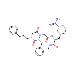 CNC(=O)[C@H](C[C@@H]1CCCN(C(=N)N)C1)NC(=O)CN1C(=O)CN(CCCc2ccccc2)C(=O)[C@H]1Cc1ccccc1 ZINC000026505290