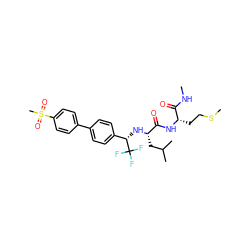 CNC(=O)[C@H](CCSC)NC(=O)[C@H](CC(C)C)N[C@@H](c1ccc(-c2ccc(S(C)(=O)=O)cc2)cc1)C(F)(F)F ZINC000028951353